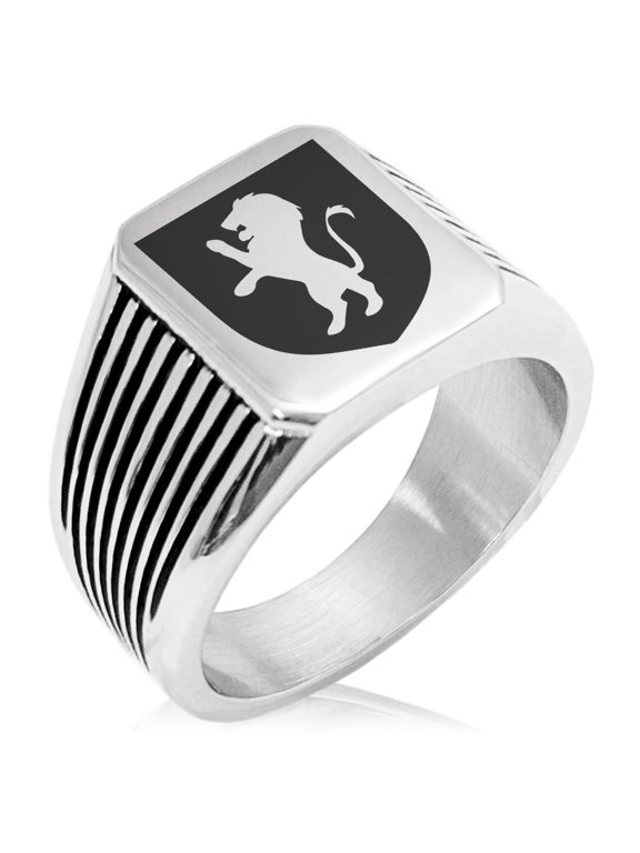 Stainless Steel Lion Courage Coat of Arms Shield Needle Stripe Pattern Biker Style Polished Ring