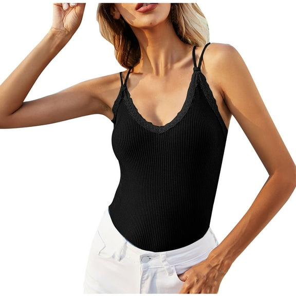 Lolmot Tops for Women Fashion Slim Fit Solid Color Camisoles Knitwear Lace Edge V-Neck Sling Tank Top