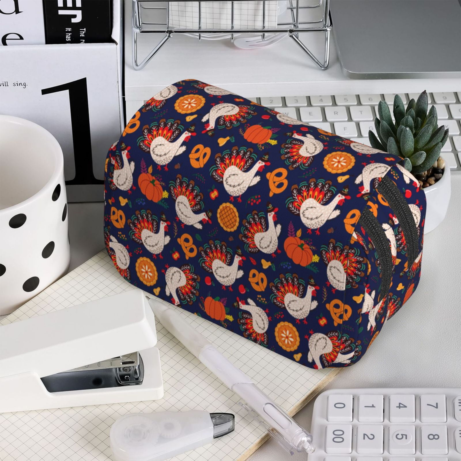 Rateoe Turkey And Thanksgiving Pattern Double Clamshell Pen Case, Storage Organizer with Two Zipper Compartments– Holds Up to 50 Pencils & Pens