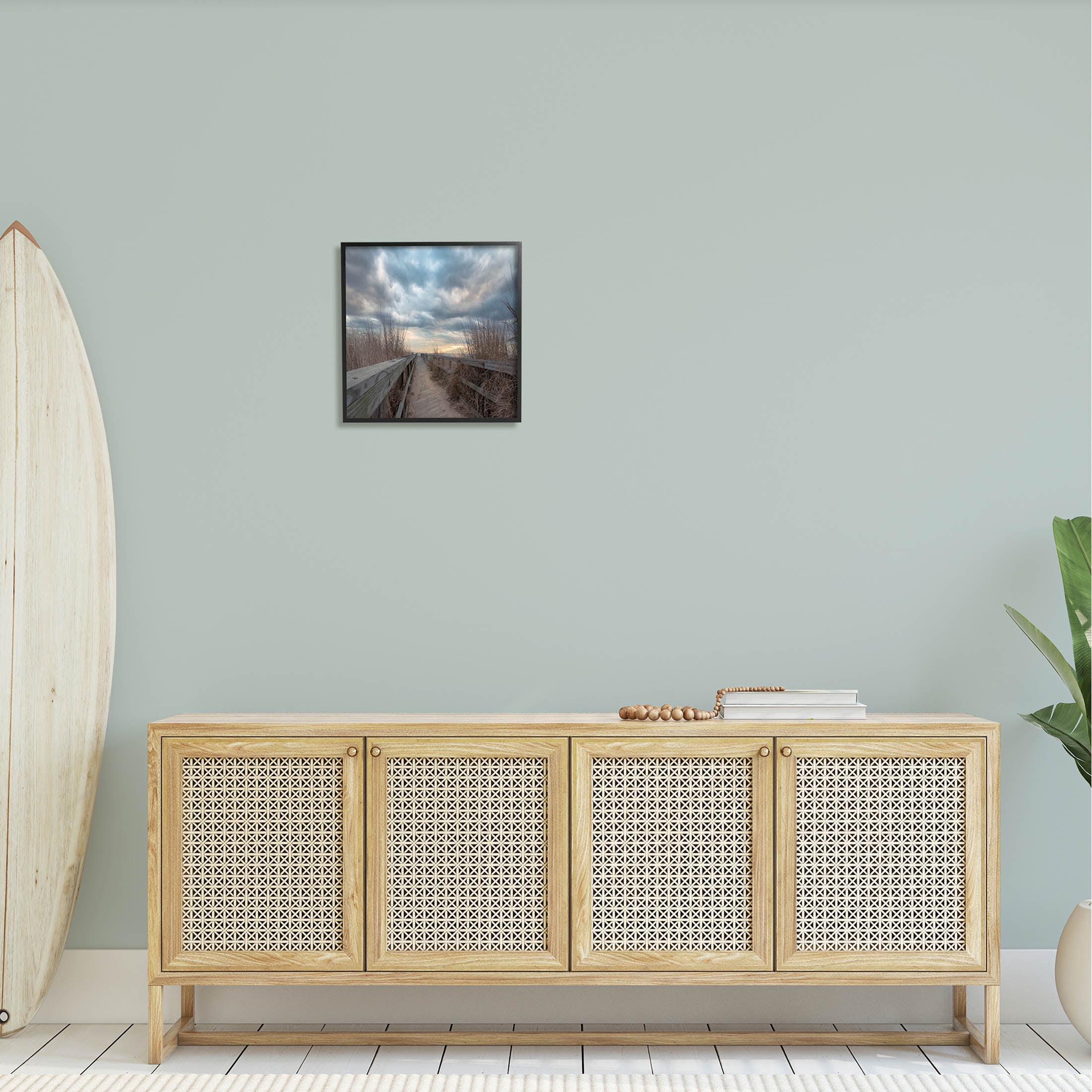 Cloudy Coastal Boardwalk View Coastal Photograph Black Framed Art Print Wall Art