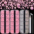thumbnail image 1 of Kit de 4000 piezas de diamantes de imitación con parte trasera plana y perlas semicirculares #8 de varios tamaños de cristal transparente y cristales Ab de plástico con parte trasera plana, color rosa, 1 of 1