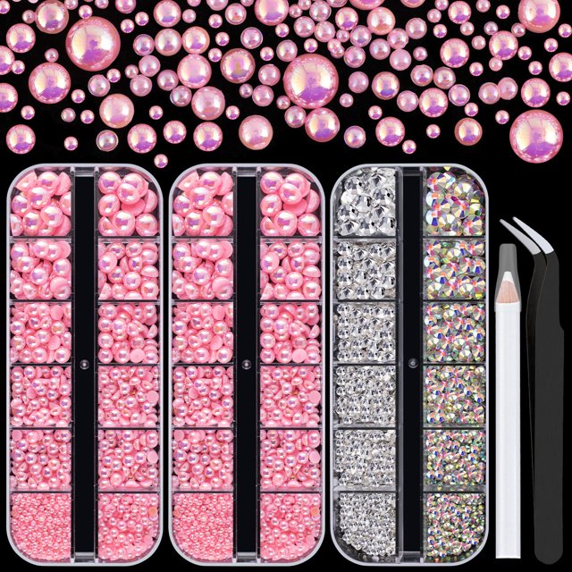 Kit de 4000 piezas de diamantes de imitación con parte trasera plana y perlas semicirculares #8 de varios tamaños de cristal transparente y cristales Ab de plástico con parte trasera plana, color rosa