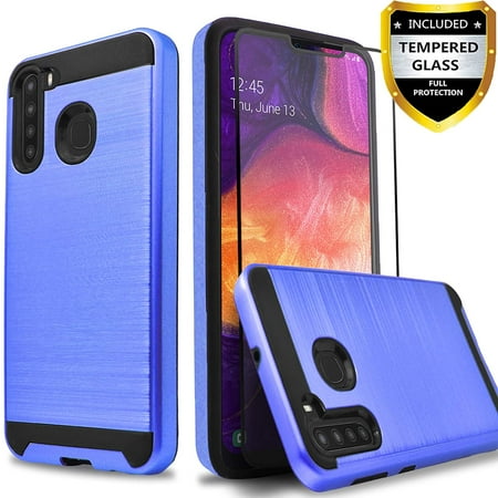 Samsung Galaxy A21 Phone Case, 2-Piece Style Hybrid Shockproof Hard Case Cover with [Temerped Glass Screen Protector] (Blue)