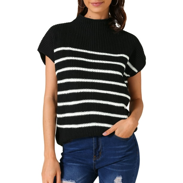 INSPIRE CHIC Suéter sin mangas de cuello alto a rayas para mujer, chaleco casual de manga corta, top de punto, talla XL, negro