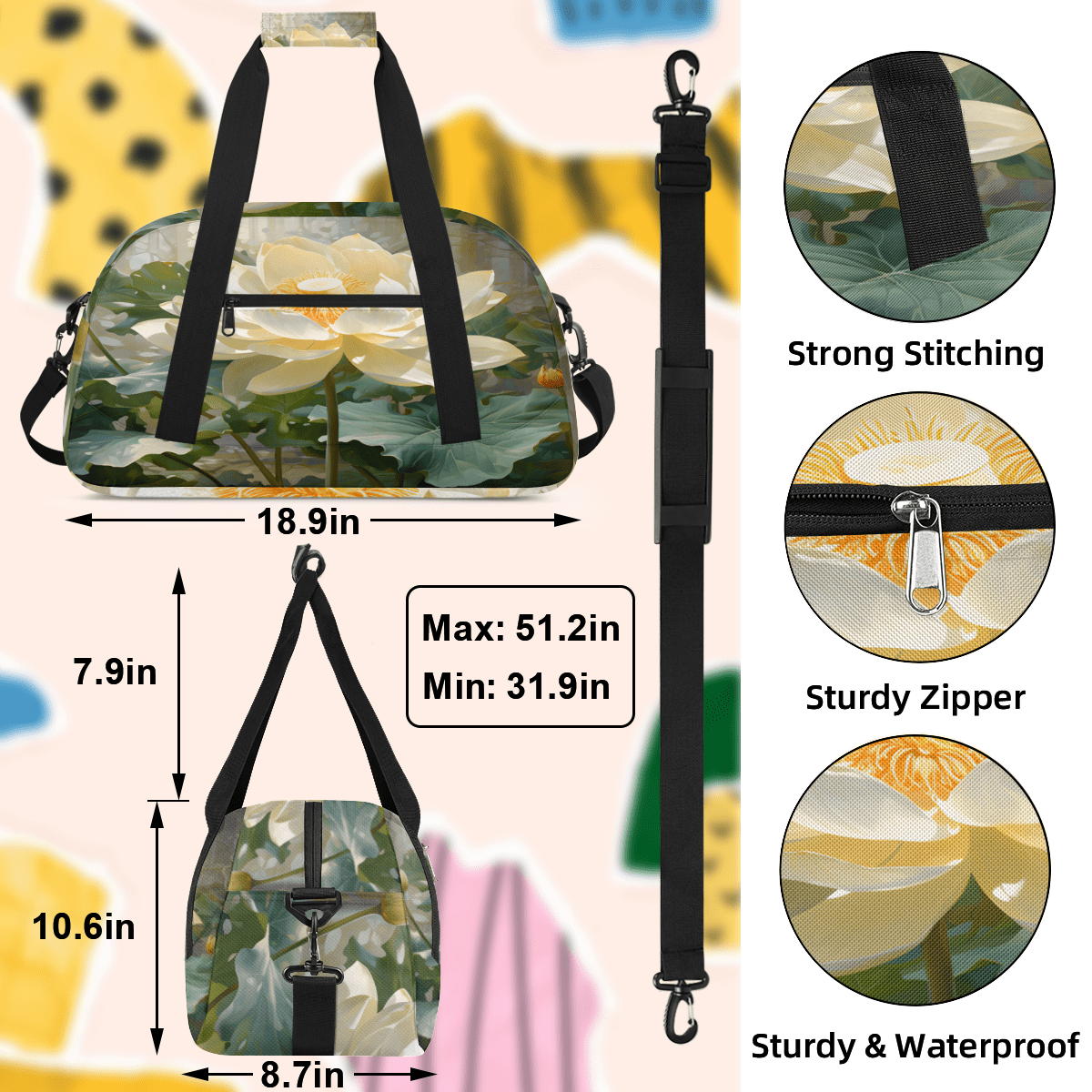 Herdesigns Lotus Sports Duffle Bag for Women & Men, Water Lotus Flowers Gym Bag Dance Bag Overnight Bag Carry On Weekender Travel Bag