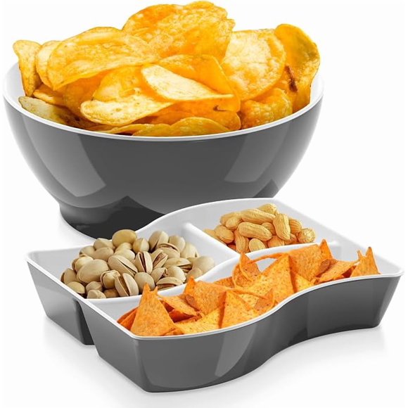 Set Ensaladera y Botanero 2 en 1 Resistente | Organizador de Botanas con Compartimentos | Ideal para Fiestas, Cocina, Picnics y Snacks en Casa | Práctico, Ligero y Duradero (Gris)