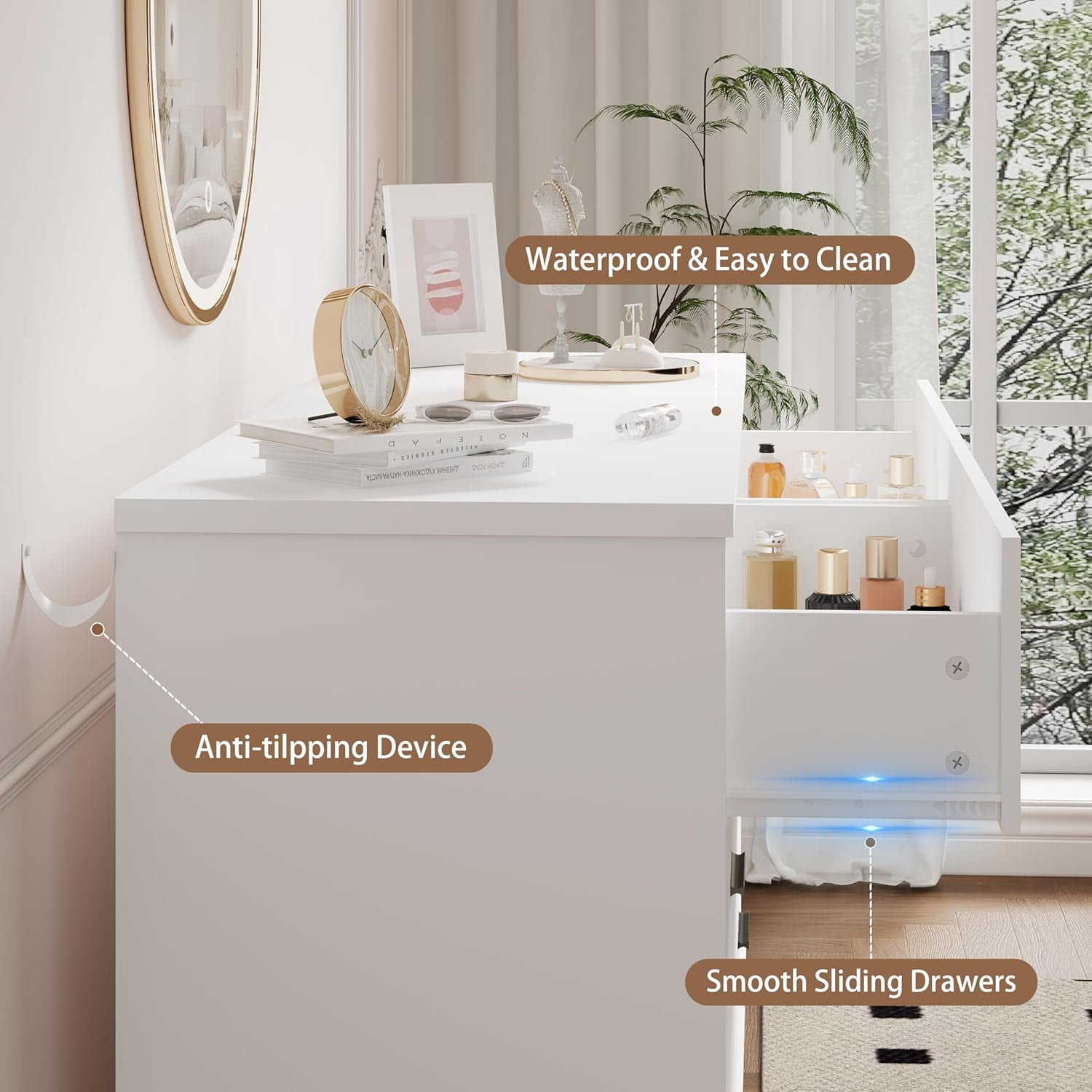 FANRAL 6 Drawer Dresser for Bedroom,Wood Modern Chest of Drawers with X-Shaped Sturdy Base,White Dresser