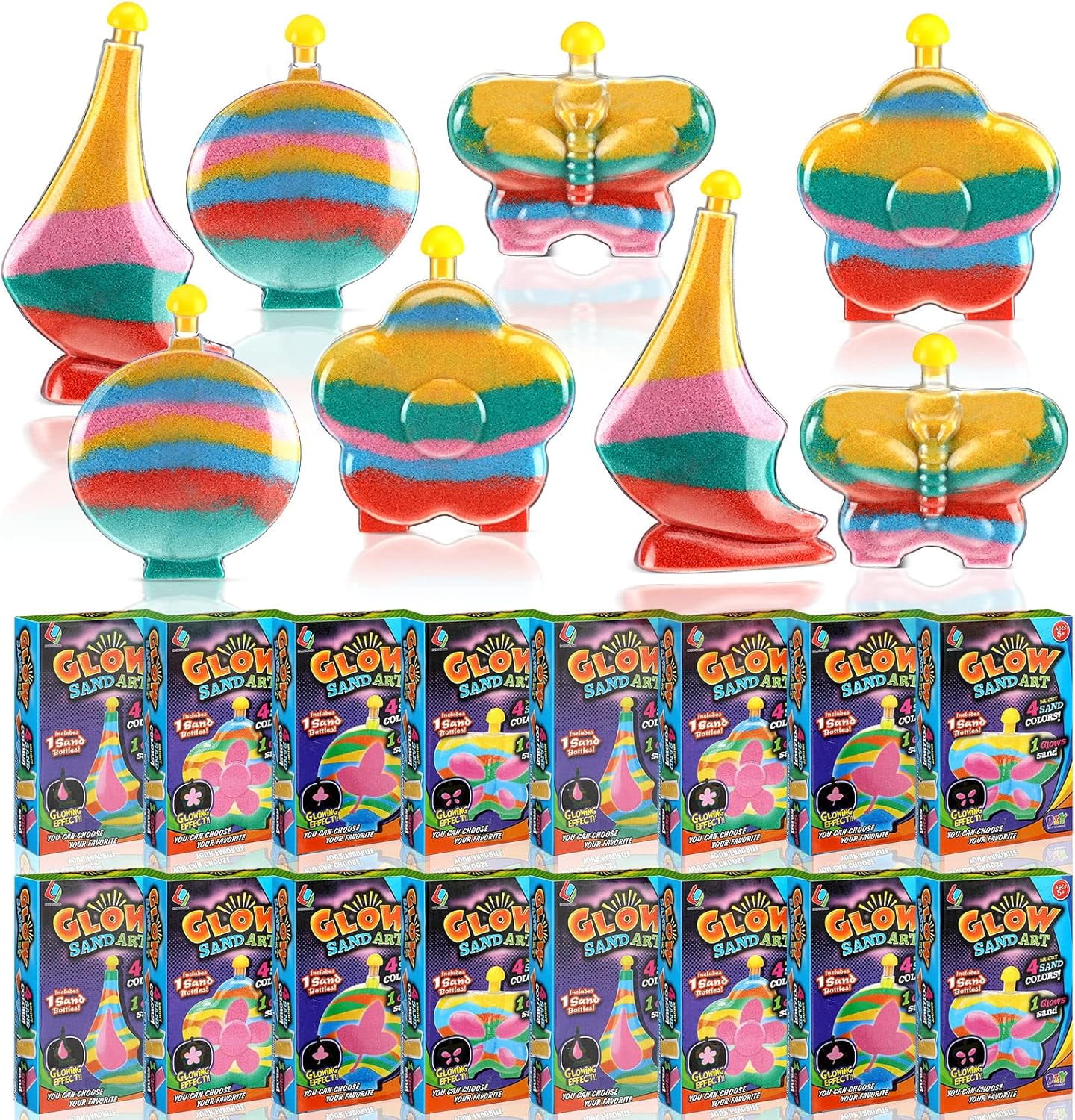 Glow Sand Art Kit for Kids, 12 Pack with 60 Bags of Sand, DIY Craft Activity Set with Bottles and Tools