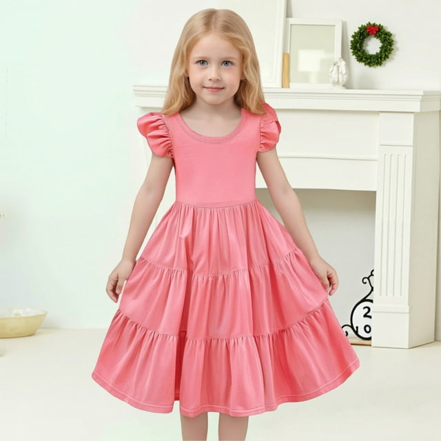 WENXIAOO Robe Fille Enfant Robe en Coton Filles Manches à Volants à Étages Évasée Ligne A Robe d'Anniversaire Robe Arc-en-Ciel 6-7 Ans