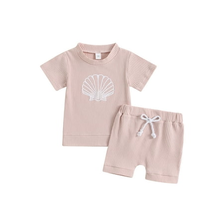 

Toddler Baby Girl Boy Summer Outfit Crew Neck Short Sleeve Rib Knit Tops Elastic Waist Shorts 2Pcs Clothes Set