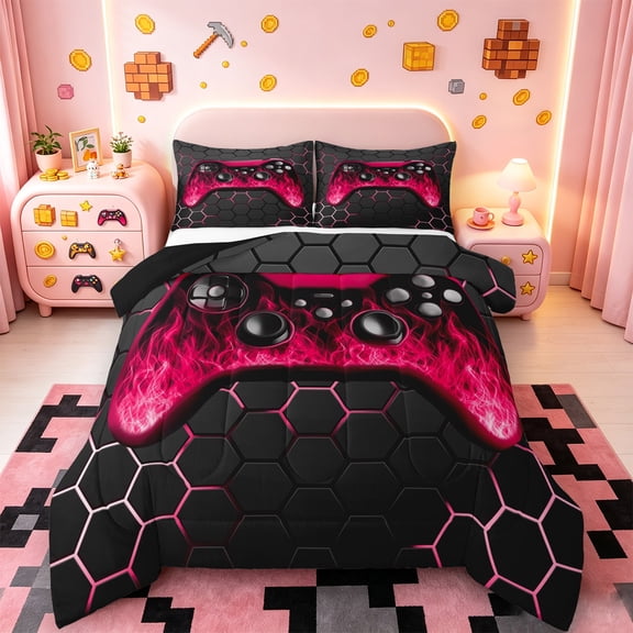 Manfei Neon Gamepad Bedding Sets Twin with Comforter,Modern Geometric Honeycomb Duvet Insert,Red Black Comforter Sets Twin Size For Boys Kids,Super Cozy Bedroom Decor Reversible,2pcs
