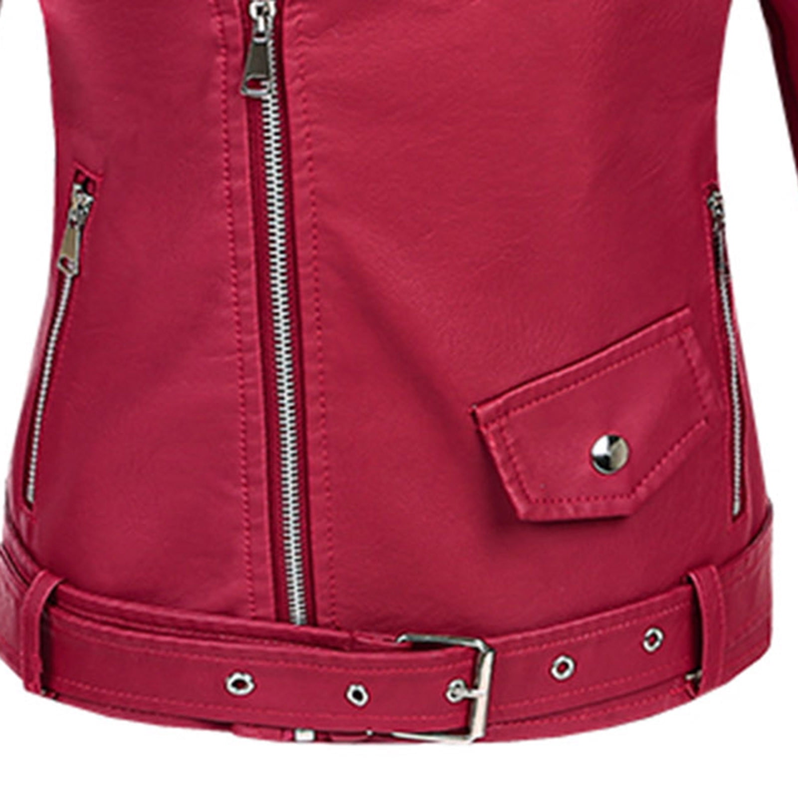 IROINNID Women's Short Faux Leather Jacket Notch Lapel Solid Color Long Sleeve Jacket Zipper Pocket Outerwear, Red