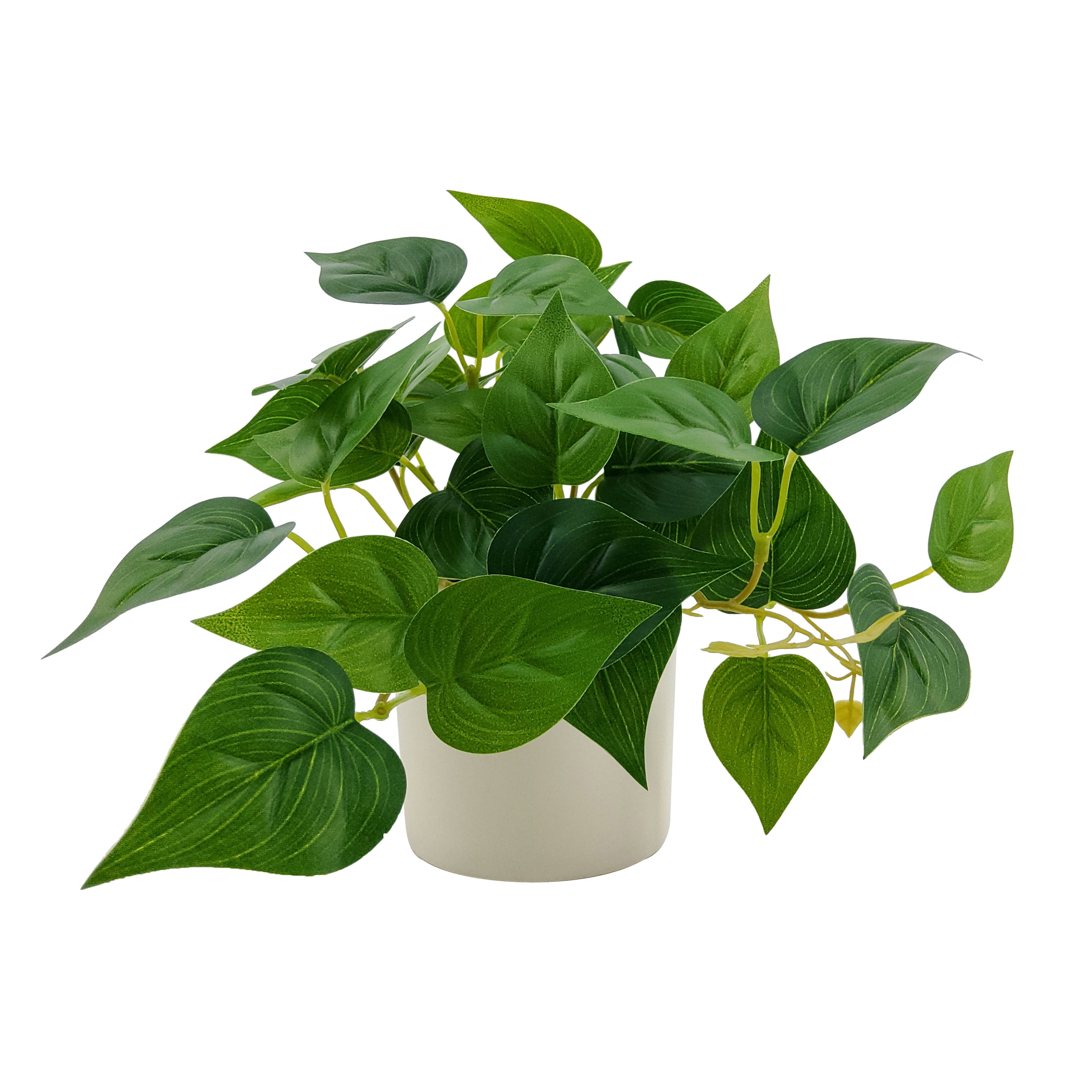 Mainstays Indoor 8''H Artificial Trailing Pothos Plant in White Plastic Pot, Green Color.