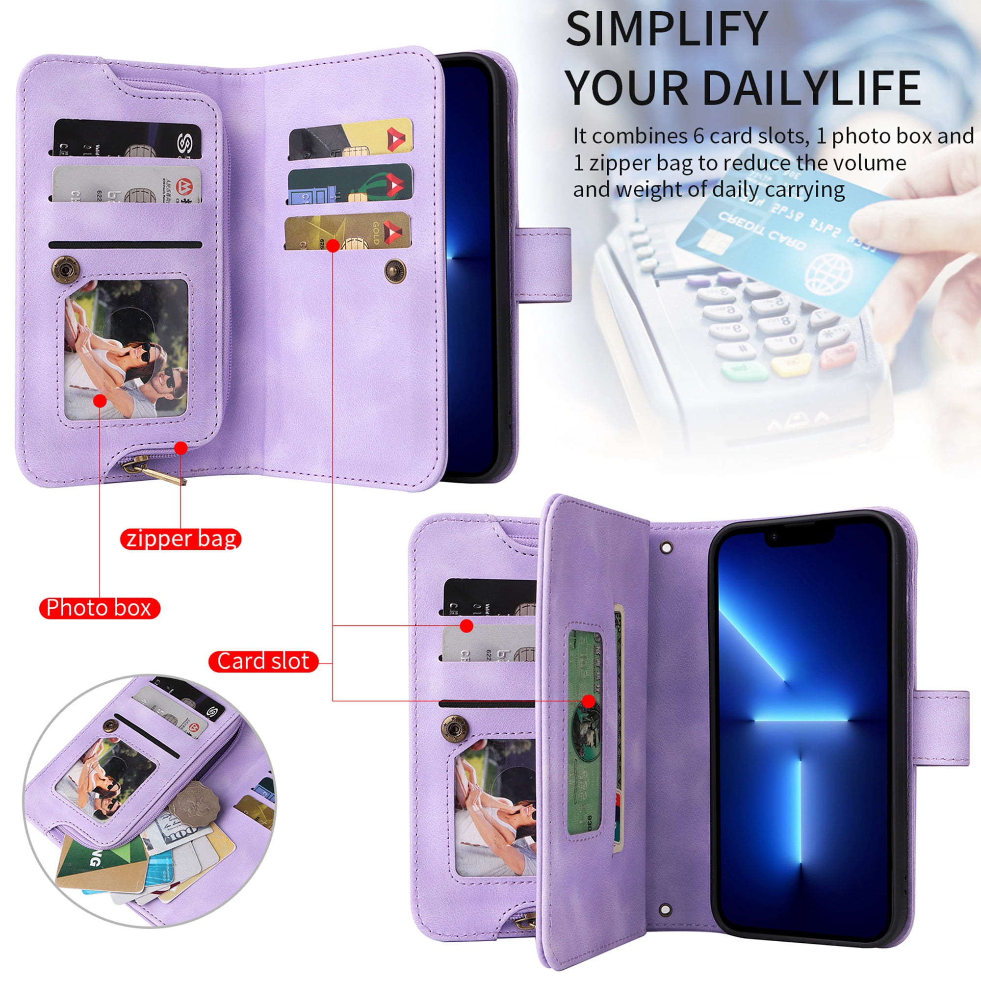 Dteck for Apple iPhone 14 Pro 6.1 inch Wallet Case for Women Men, Sturdy PU Leather Case Magnetic Flip Zipper 7 Cards Holder Wristlet & Shoulder Strap Kickstand Phone Case,  Purple