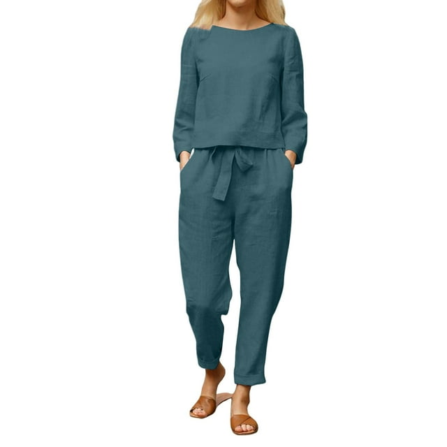 ManxiVoo Women's Long Sleeve Two Piece Set Comfortable Linen Blend Lounge Wear For Everyday L Size Navy