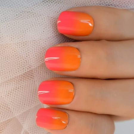 Kscd Short Glossy Orange Pink Ombre French Fake Nails Squoval Square Uv False Press On Nails For Girl Full Cover Wear Nail Art Tips L6091 Walmart Canada