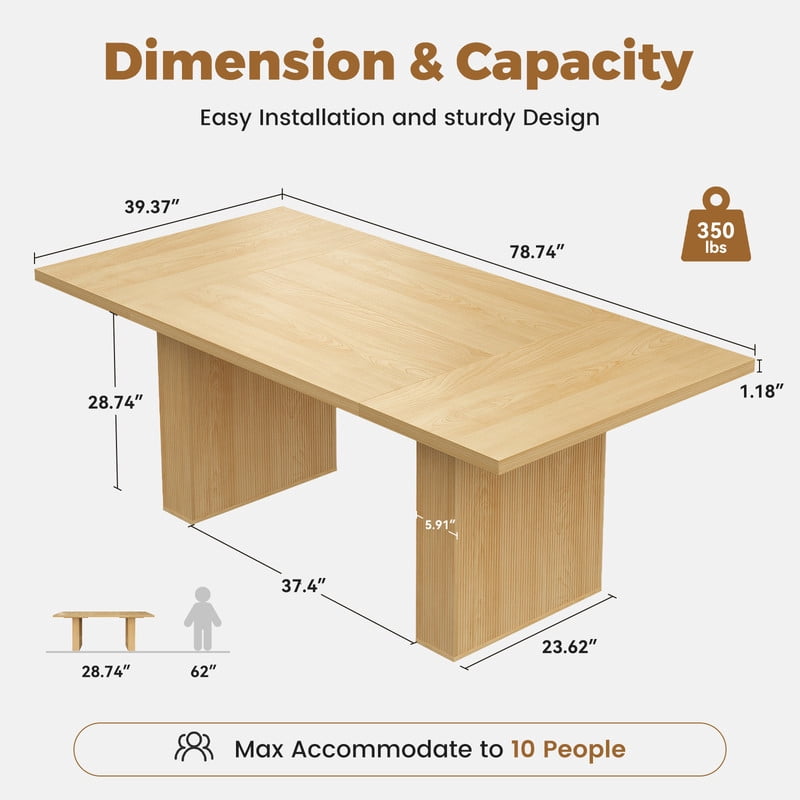 Hawsaiy 78" Rectangular Farmhouse Dining Table for 6–8, Large Kitchen Table with Grooved Wood Base, Thick Waterproof Top for Dining Room, Natural