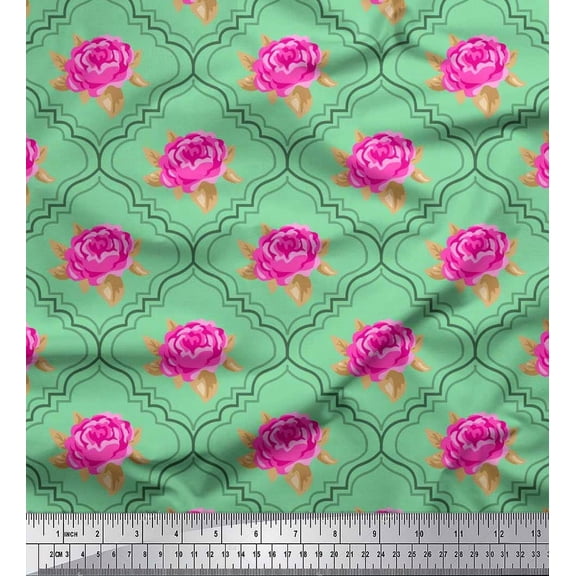 Soimoi Cotton Duck Fabric Quatrefoil Design,Leaves & Rose Floral Print Fabric by Yard 42 Inch Wide