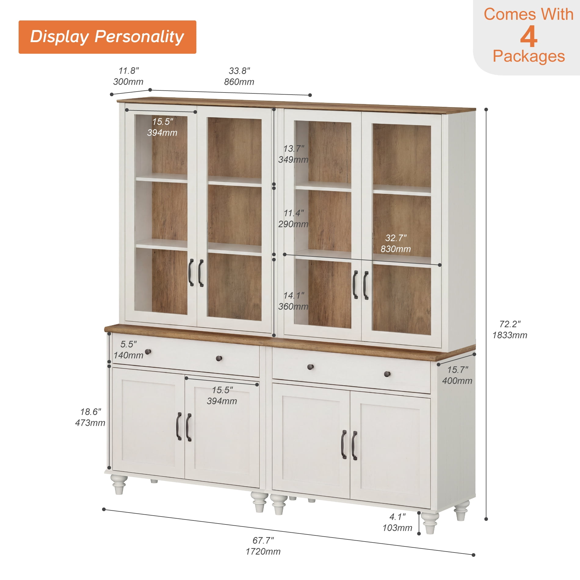 White 5-Tier Bookcase with Glass Doors, Farmhouse Bookshelf with Ample Storage Cabinet, Large Library Wooden Bookshelves for Living Room, Office, Kitchen