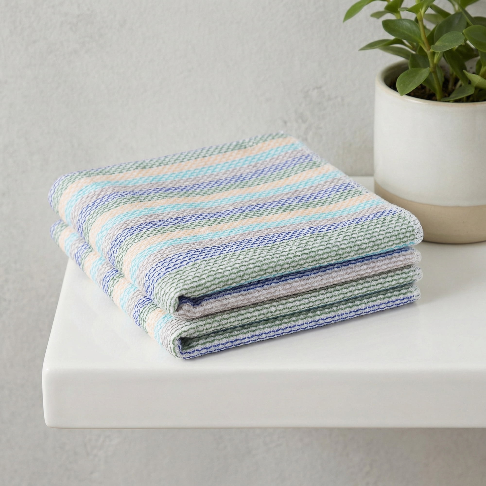 Unique Bargains 6 Pack Cotton Striped Cloths Blue Green Yellow 14" x 14"