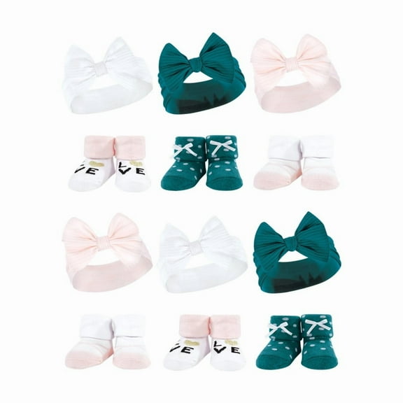 Hudson Baby Infant Girl 12Pc Headband and Socks Giftset, Teal Pink, One Size