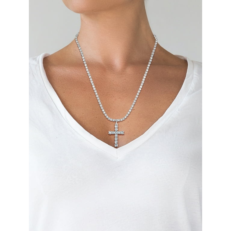 Jessica Simpson Women's Pave Cubic Zirconia Cross Necklace, 15