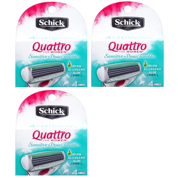 Schick Quattro for Women Sensitive Hypo Allergenic Aloe Refill Blade Cartridges, 4 Count (Pack of 3)