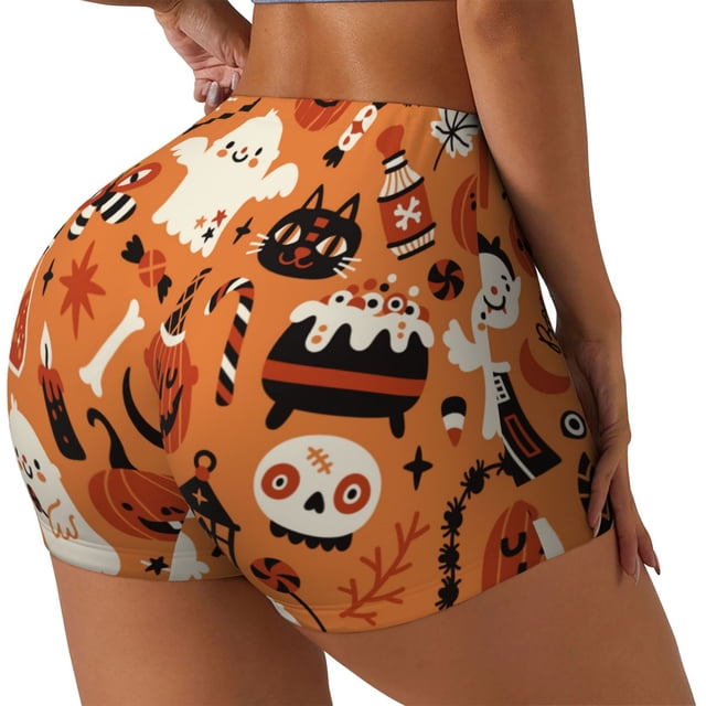 Balery Halloween 2 Pantalones cortos de entrenamiento estampados para mujer, sin costuras, ajustados, para gimnasio, yoga, correr, deportes, ejercicio activo, fitness.-Small