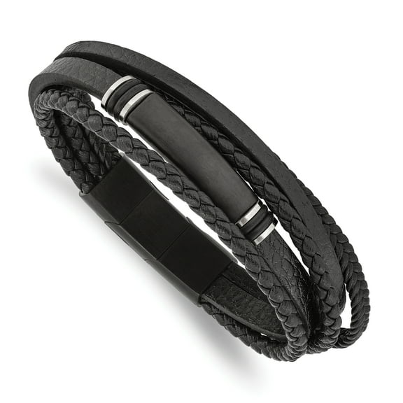 Primal Steel Stainless Steel Brushed Black IP-plated PU Leather and Rubber with 0.5 Inch Extension 8 Inch Bracelet