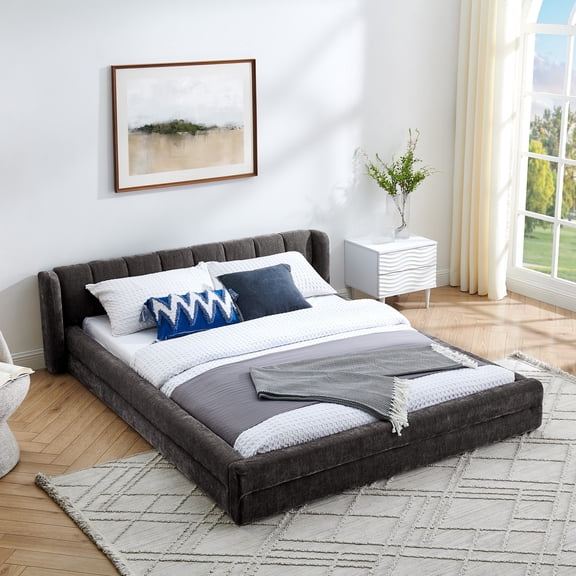 Harper & Bright Designs Queen Size Upholstered Floor Bed with Headboard and Solid Frame, Chenille Platform Bed Frame for Bedroom, Dark Gray