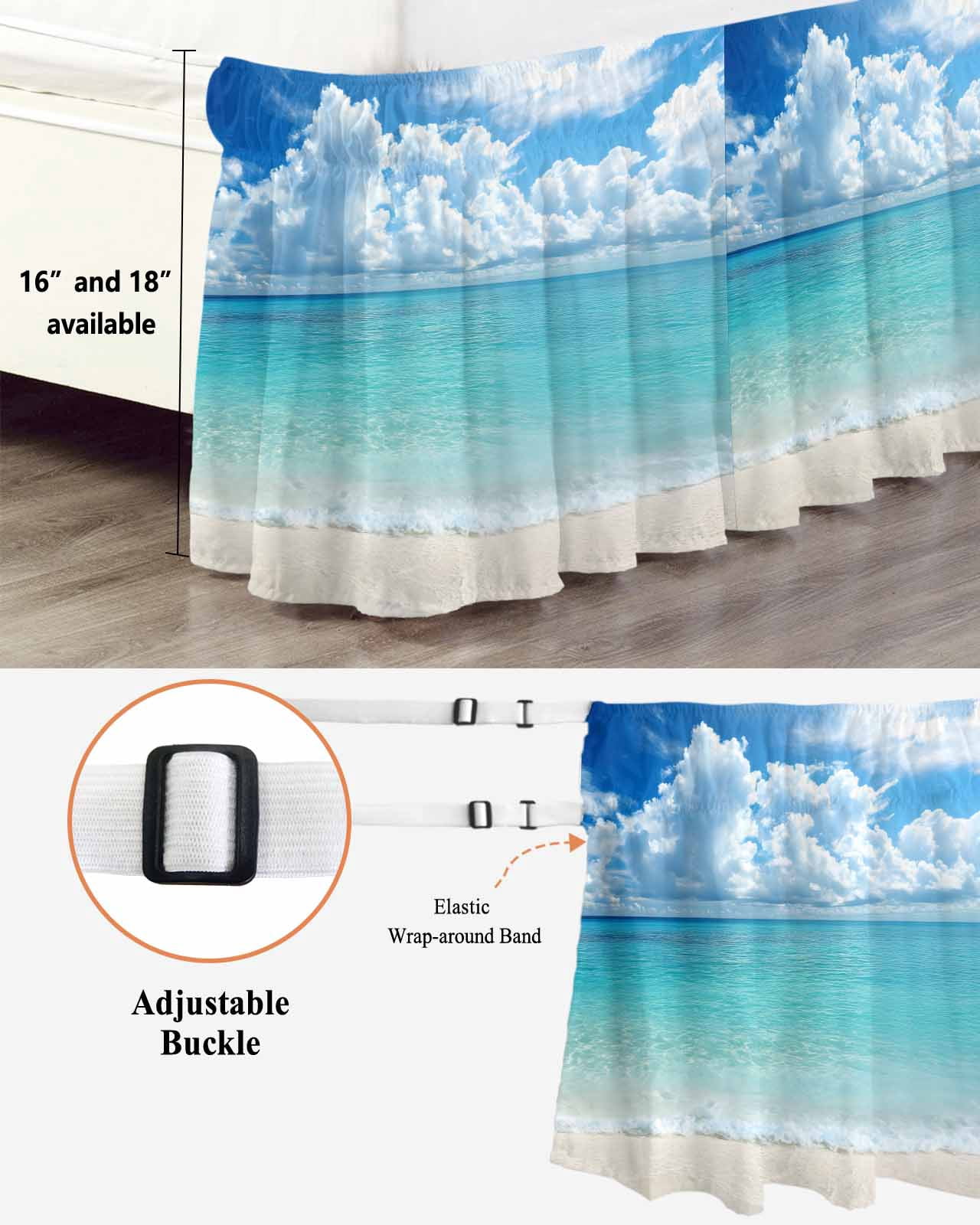 Ocean Blue Bed Skirt Queen Size, Beach Nature Coast Sea Shore Sky Seawater Wrap Around Bed Skirting with Adjustable Elastic Strap, Dust Ruffle Pleated Bedskirts 16 Inch Drop for Bedroom Queen Beds