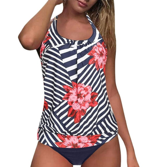 Aayomet High Waisted Bikini Bathing Control Tummy Top Women With Shorts Two Swimsuit Piece Suit Swimwears Tankinis Set,Navy XXL