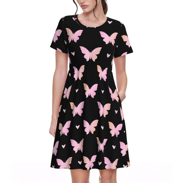 Easygdp Gradient Butterfly para Vestido Transpirable de Mujer, Vestido Suelto de Manga Corta con Pliegues y Bolsillos para el Verano