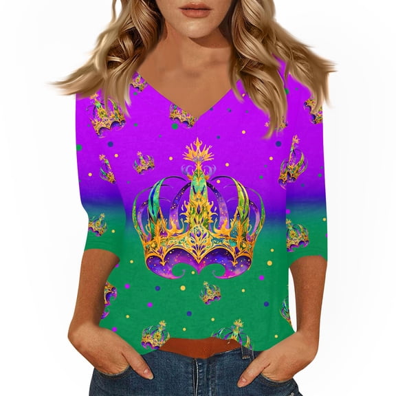 Dresfit Mardi Gras Shirts for Women Graphic 3/4 Sleeve Parade Blouse 2026 Slim Fit V Neck Holiday T-Shirt Funny Party Tunic Top Dark Green 3XL