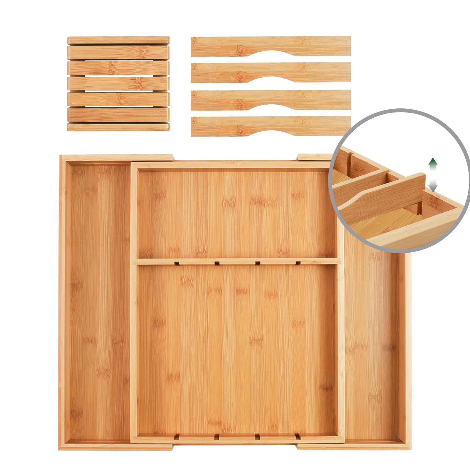 Bamboo Expandable Silverware Drawer Organizer,Adjustable Kitchen Utensil Organizer with Removable Dividers and Knife Block for Flatware, Cutlery , Knives
