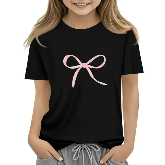 CCRFTGI Girls Tops Cute Short Sleeve Bow Print T Shirts Crew Neck Solid Tops Oversized Soft 5-14 Years Basic Tees Black 9-10Y