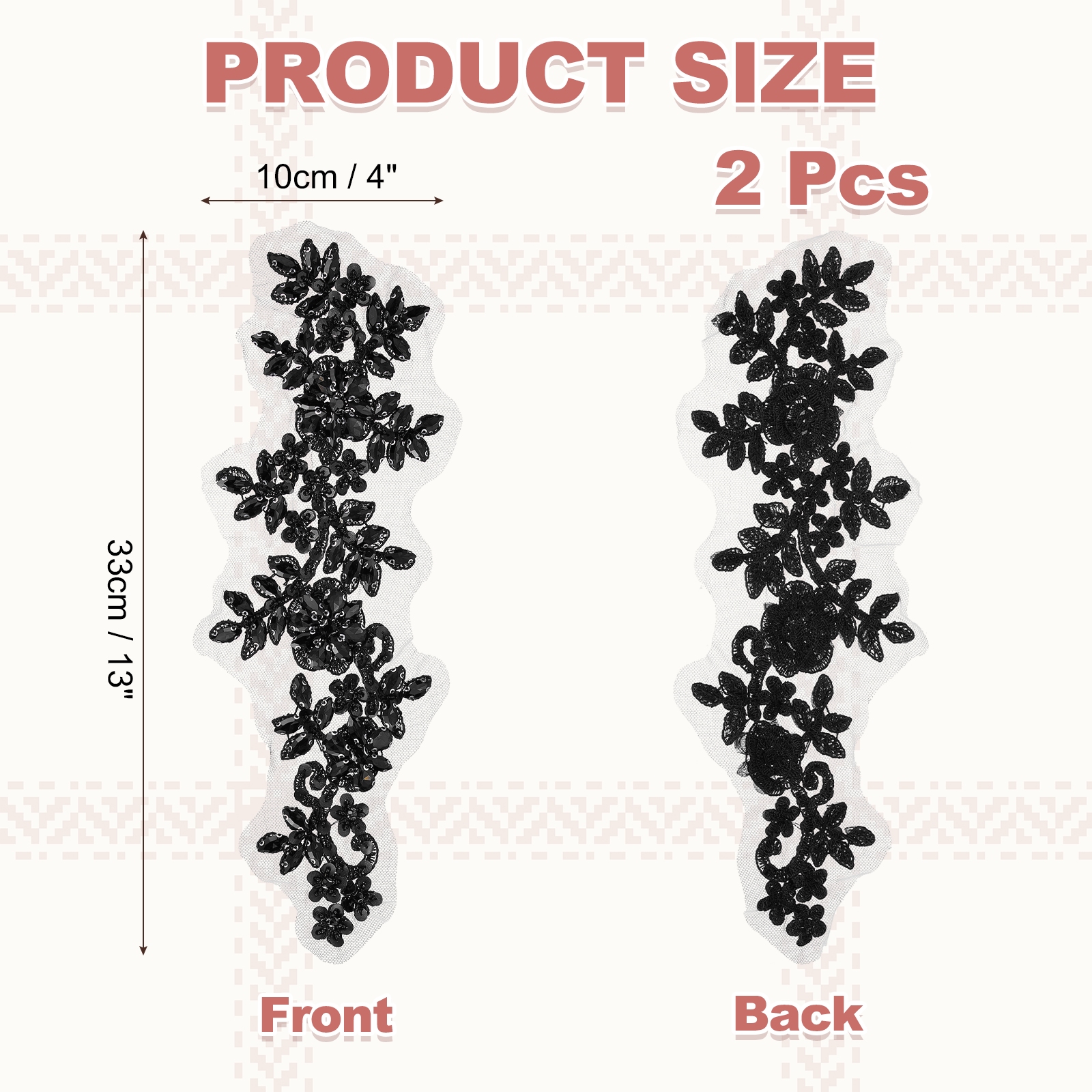 Uxcell 2Pack Rhinestone Applique Patches, 13 x 4 Inches Black Lace Embroidery Patches Sew on Rhinestone Beaded Sequins for Sewing Making Dresses Wedding Banquet Evening Gown Decoration