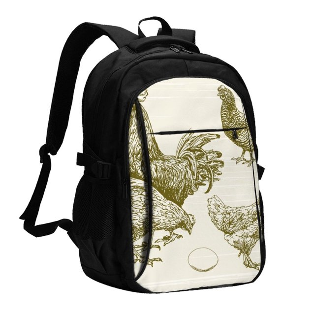 Balery Chickens Mochila con carga USB para hombre y mujer - Mochila impermeable y antirrobo para portátil con puerto USB para viajes, trabajo, estudios y universidad