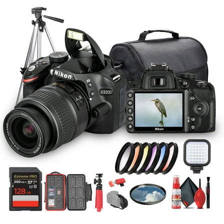 Nikon D3200 DSLR Camera with 18-55mm VR Lens – 24.2MP, Full HD 1080p Video, Guide Mode, 11-Point Autofocus   128GB Memory Card   72" Tripod   LED Light   Camera Bag   Memory Card Case   More
