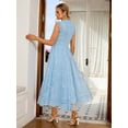 thumbnail image 2 of Blue Vintage Lace A-Line Midi Dress With High Neck And Cap Sleeves For Wedding Party Graduation, 2 of 6