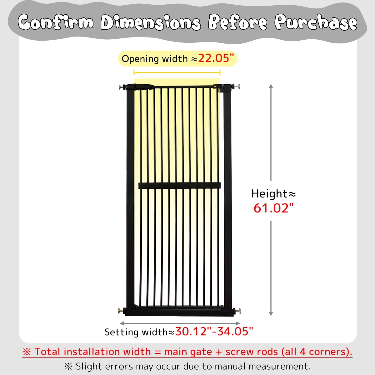 Lumizone Extra Tall Pet Gate 61.02" High Pressure Mounted 30.12"-34.05" Extra Wide 1.37" Gap for Cat Dog Children Stairs Doorway Hallway No Drilling Auto-Close (30.12"-34.05", Black)