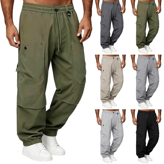 Afuyipoi Mens Cargo Pants Elastic Waist with Drawstring Windproof Outdoor Sports Jogger Trousers Army Green Size L