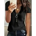 thumbnail image 2 of ZOELNIC 2-Pack Women's Short Sleeve Zipper Front Shirts Summer V Neck Zip Up T Shirts Top Casual Loose Fit Blouses, L, 2 of 4