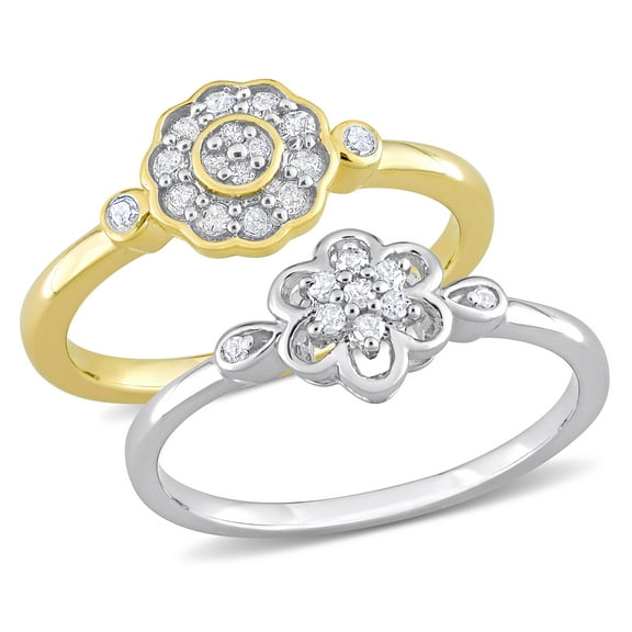 Everly Women's 3/10ct TW Diamond Two-Tone Sterling Silver Flower 2-Pc Ring Set