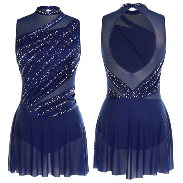 renvena Costume de Danse Lyrique Robe de Ballet Moderne Sans Manches pour Femmes avec Strass Contemporain Bleu Marine P