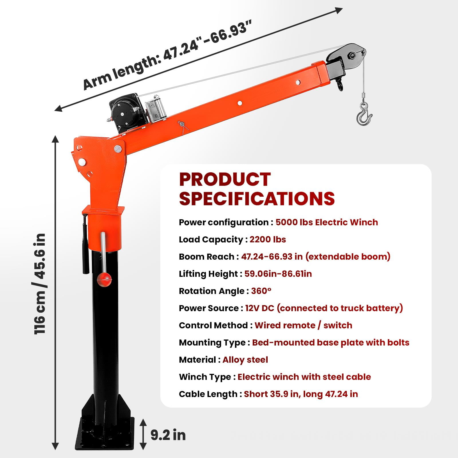 Folding Truck Crane, Jib Crane with 12V 5000Lbs Electric Hoist, 2200 LBS Load Alloy Steel Pickup Truck Crane, 360° Rotate Davit Crane for Site, Household Warehouse