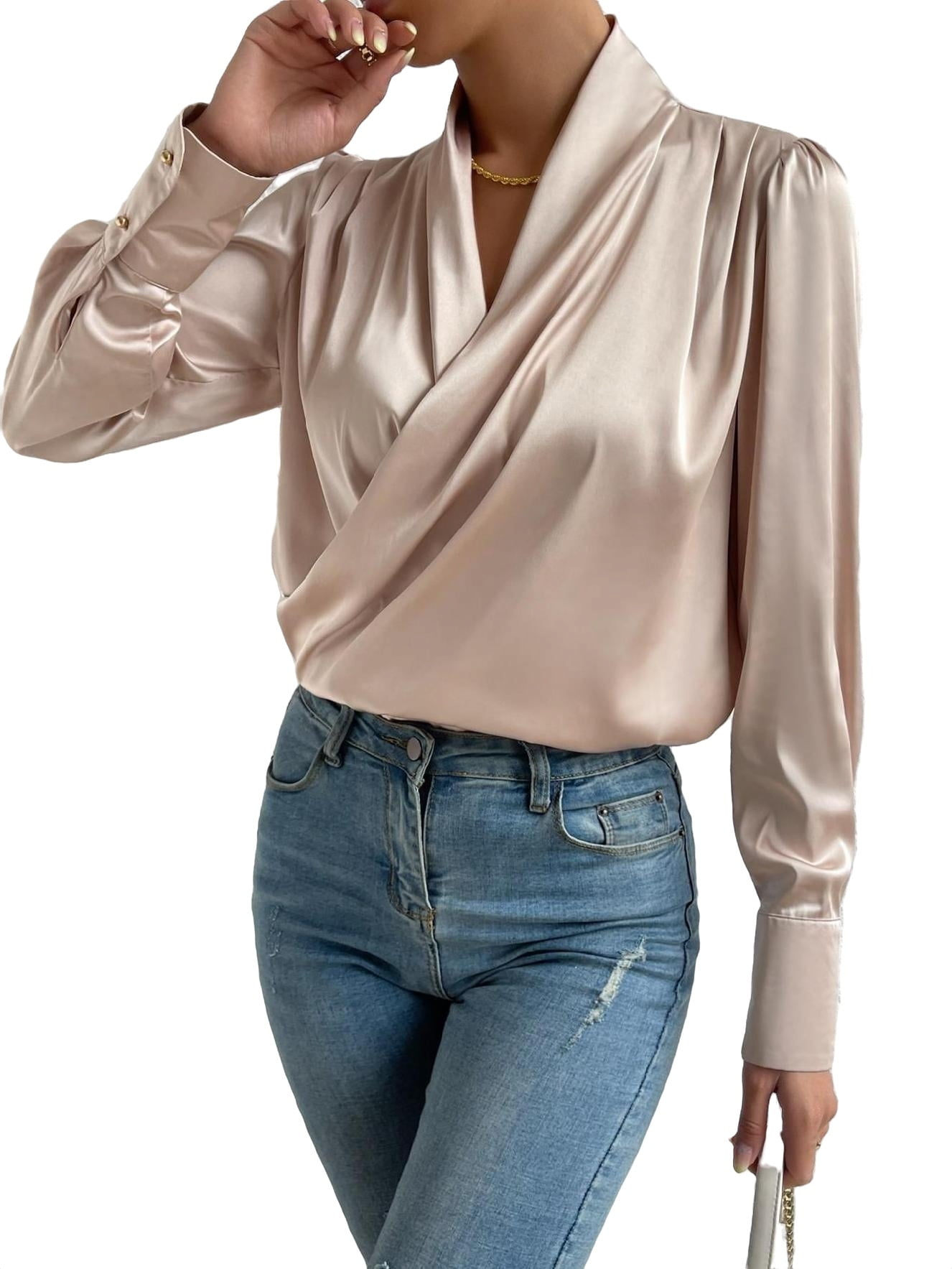 Elegant Shawl Collar Satin Shirt Long Sleeve Apricot Women's