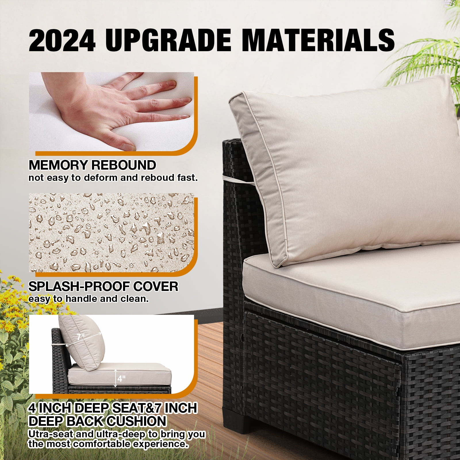 JOYURE 5 Pieces Patio Furniture set All-Weather Outdoor Wicker Sectional Conversation Sofa Rattan patio seating sofa with cushion and Glass Table and Ottoman for Porch Poolside,Beige