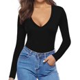 thumbnail image 1 of Xishao playera de manga corta con cuello en V y manga larga para mujer, ajuste entallado, B Manga Larga Negro, L Xishao ropa, 1 of 2