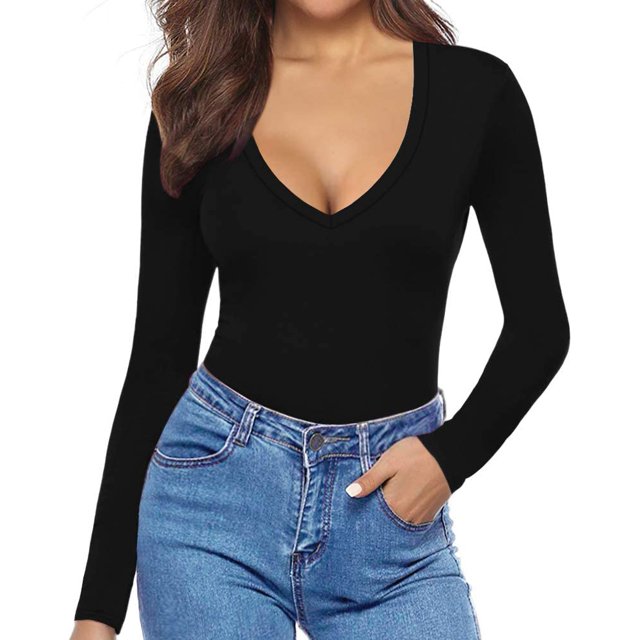 Xishao playera de manga corta con cuello en V y manga larga para mujer, ajuste entallado, B Manga Larga Negro, L Xishao ropa